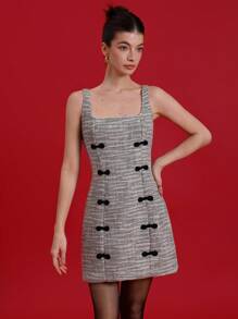 Aveloria Rosie 方领无袖连衣裙，纹理面料，双排撞色天鹅绒门襟，中国新年风格，女士短裙 - 彩色 - 查看 2