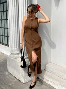 Pariaura Vestido elegante francés de un solo botonadura, unicolor, sin mangas, con cinturón para mujeres