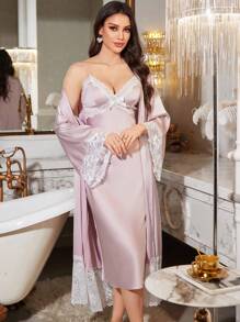 LuxeNights Women's Contrast Lace Pajama Set, Minimalist Fashion Loungewear For Daily Wear, Fall Winter Clothes - Baby Pink - View 5