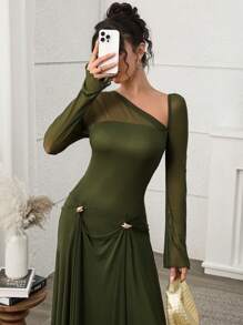 Modelyn V-Neck Ruched Waist Women Extra Long Dress, Urban Elegant Women Extra Long Dress,Summer Outfits For Women,Mesh Dress