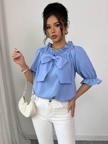 Elenzga New Design Frill Trim Bowknot Women Blouse - Blue - View 4