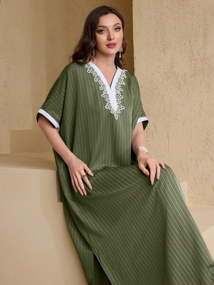 SHEIN Najma V-Neck Knitted Flower Trimmed Sleeve Women's Turkish & Arabic Traditional Long Abaya, Kaftan - Dark Green - View 1