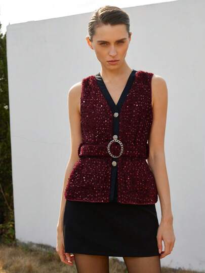 SHEIN Privé 1pc Women's Romantic French Glittery Contrast Trim Corset Top With Fabric Belt