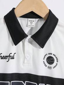 SHEIN Leap Crew 2pcs/Set Young Boys White Summer Casual Academy Korean Letter Print Polo Collar Short Sleeve Top And Contrast Color Line Cargo Shorts Outfit,Sports - Black - View 3