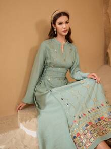 Al Najma Vestido con lazo de cintura con lentejuelas glamoroso para mujer, Kaftan y Jalabiya, Vestidos de noche lujosos para mujer, Modesto
