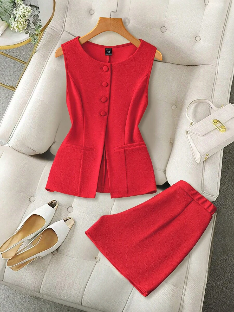 SHEIN LUNE Plus Size Solid Color Button Front Sleeveless Casual Top And Shorts Set Western Wear Women Boho Bohemian 90s Clothes Festival Old Money Summer Outfits For Women Summer Boho Old Money Summer Outfits For Women Spring Break Rave Outfits Festival Spring Break Outfits