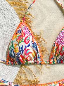 Soleia 2 Stücke farbenfroher Bikini-Set im Paisley Retro-Muster, Kontrastfarbene Schalen, Blumen Dekor, Quasten Bindedetails, Urlaubs-Sommer Strand Look - Verschiedenfarbig - Übersicht 3