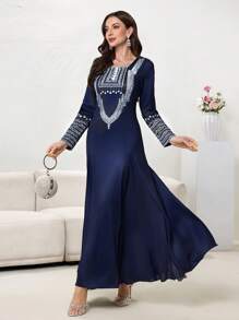 Modelyn Women's Long Retro Print Split Hem Dress - Navy Blue - View 7