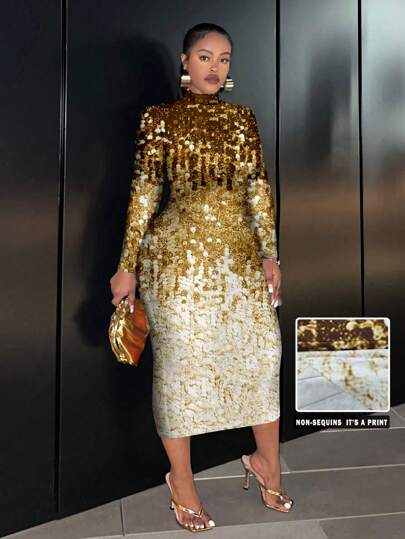 Slaydiva Vestido entallado de manga larga con cuello redondo, estampado gráfico con brillo, estilo minimalista casual, adecuado para fiesta de otoño/invierno, talla grande