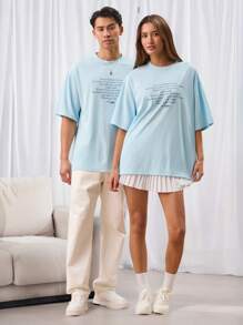 Manfinity INSISELF Unisex Casual Knit Letter Printed Loose Drop Shoulder Crew Neck Short Sleeve T-Shirt, Suitable For Daily Wear