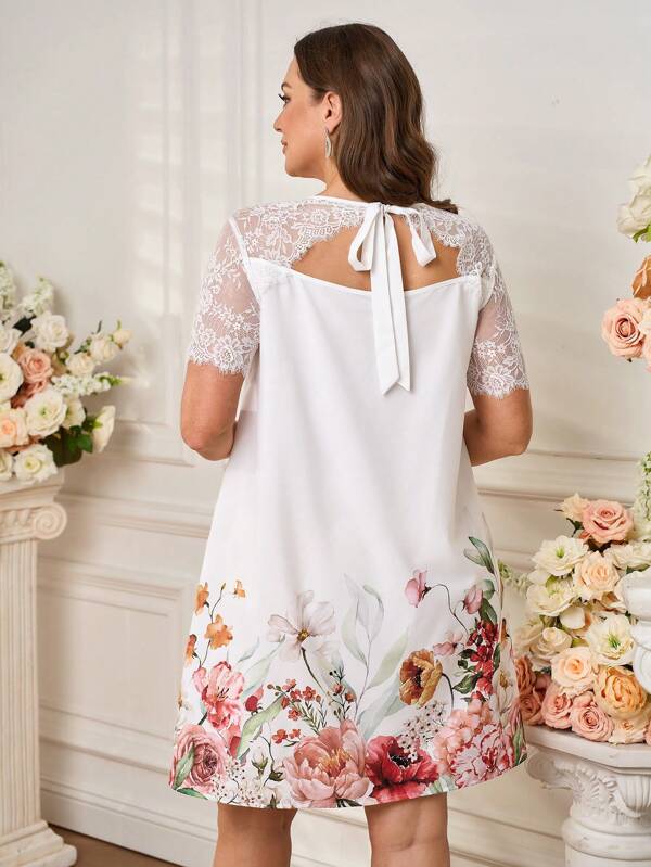 SHEIN Clasi Plus Size Women Elegant Floral Contrast Lace Short Sleeve Midi Dress,Modest Dresses For Women,Modesty Clothes Women,Dresses For Women Elegant,Boho Women Clothing,Backless Dress,Summer Outfits For Women,Dresses For Women Elegant,