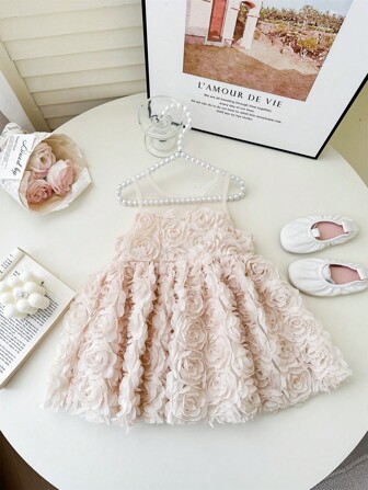 SHEIN Fern Glow 女婴优雅无袖红玫瑰网眼连衣裙