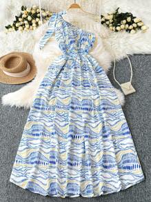 SHEIN LUNE Plus Size Women Bohemian Style Spaghetti Strap Sleeveless Dress - Blue and White - View 1