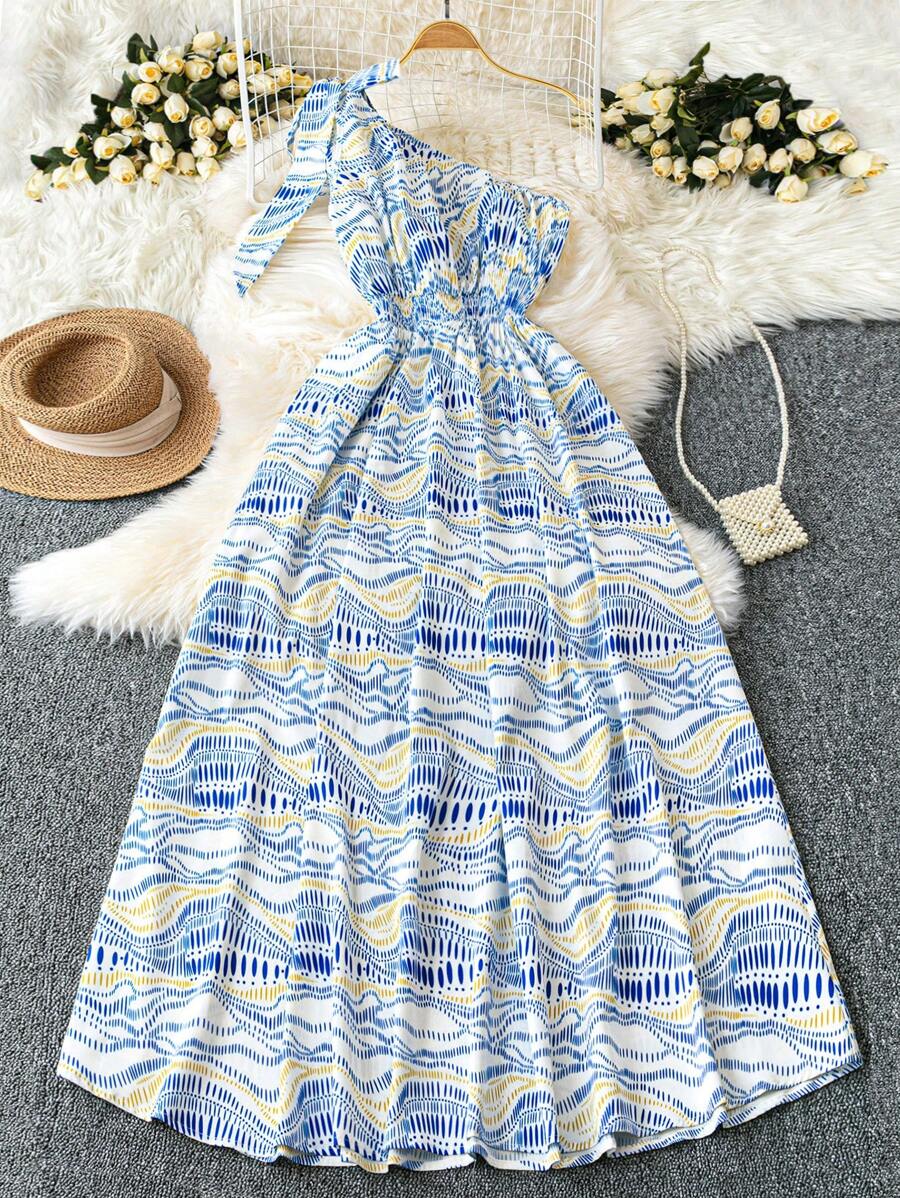 SHEIN LUNE Plus Size Women Bohemian Style Spaghetti Strap Sleeveless Dress - Blue and White - View 1