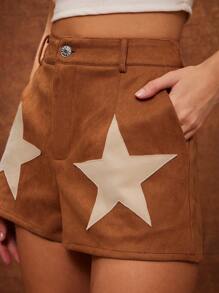 WESTFADE High Rise Faux Suede Western Studded Star Slant Pocket Festival Shorts Nashville Style - Brown - View 2