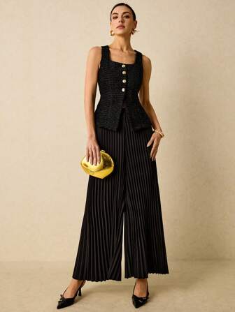 Poéselle 女士单排扣方领背心和褶皱中长裙优雅 2 件套