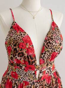 Soleia Plus Size Women Red Sequin,Summer,Girlism,Vacation,Holiday Leopard & Flower Print Waisted A-Line Backless Mini Dress,Music Festival Boho Style - Multicolor - View 7