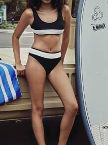 Swim SPRTY Spring Break Women's Beachwear Summer Beach Vacation Outfit, Black & White Patchwork Backless Bikini Set, Beach/Sports Swimwear, Bohemian Festival Style