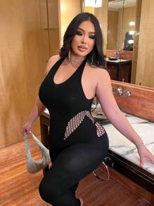 Flirla Plus Size Women's Solid Color Hollow Out Backless Halter Neck Slim Fit Sexy Jumpsuit - Black - View 3