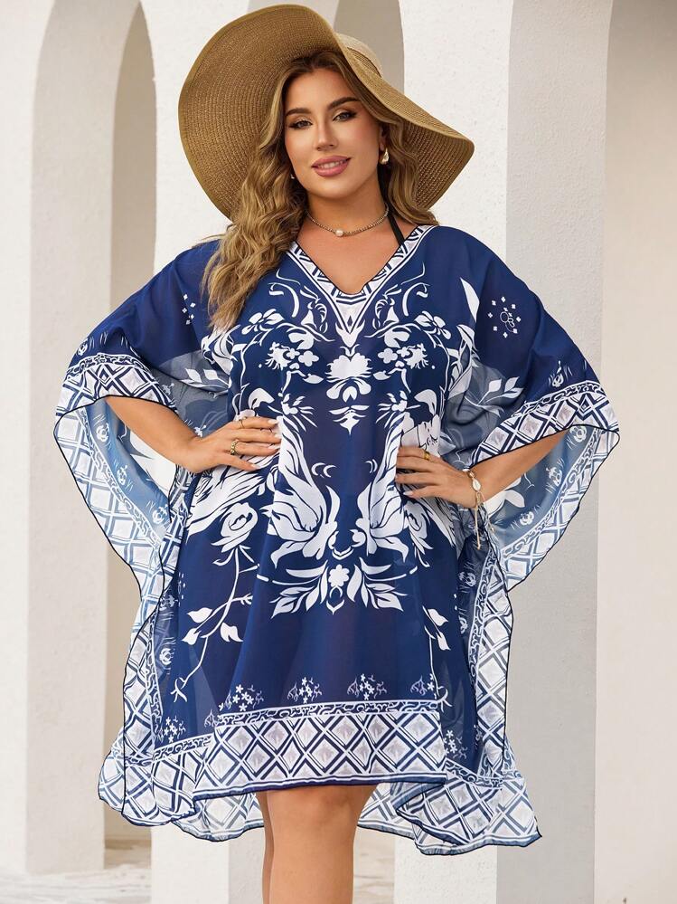 Swim Lushoire Plus Size Women V-Neck Loose Placement Print Chiffon Summer Beach Vacation Cover Up - Blue - View 4