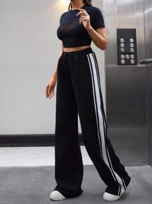 EURMUSE Casual Striped Elastic Waist Straight Leg Pants - Black and White - View 4