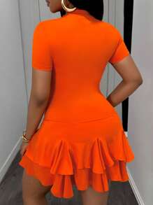 Slaydiva Summer Casual Round Neck Ruffle Trim Fitted Mini Bodycon Dress, Unique Fashion Style - Orange - View 2