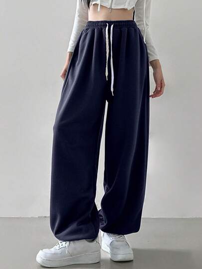 DAZY 女式纯色前系带口袋休闲抽绳慢跑裤，女式慢跑运动裤