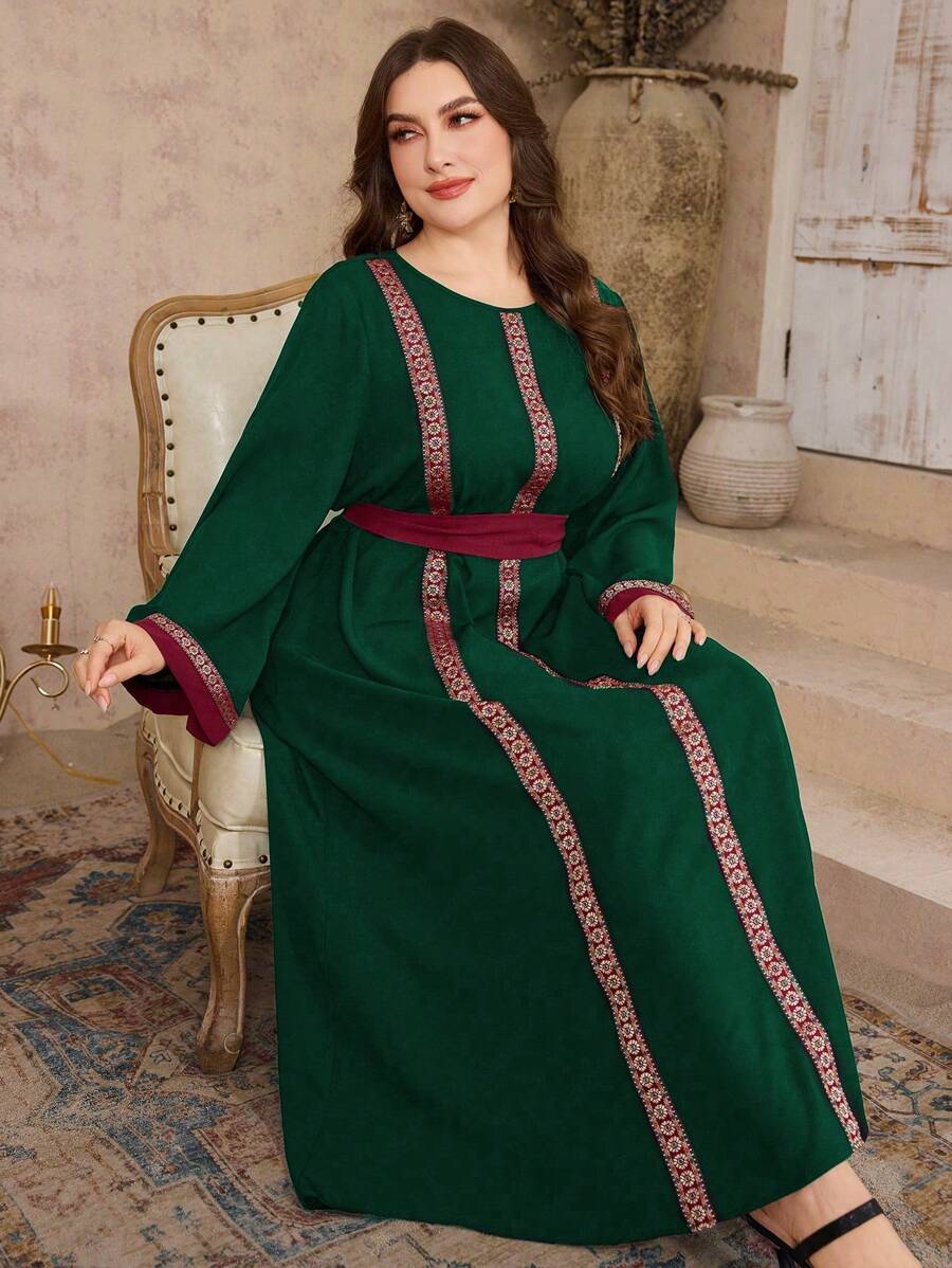 Al Najma 女士拼接宽松休闲连衣裙，圆领，喇叭袖，加大码，阿拉伯复古风格 - 綠色 - 查看 1