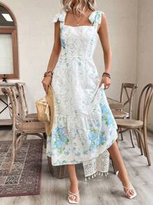 Rafferiza Vestido con escote cuadrado bordado y estampado floral de dobladillo con volantes y tirantes tipo espagueti para verano (patrón aleatorio) Vestido largo para vacaciones y playa para mujeres - Azul - Ver 4