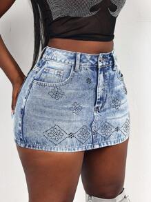 SHEIN Slayr Women's Pocketed Body-Hugging Casual Rhinestoned Denim Mini Skirt - Blue - View 4