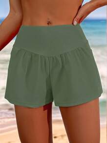 SHEIN Swim Vacation Casual Solid Color Wide Waist Side Pocket Beach Shorts For Summer - Green - View 5