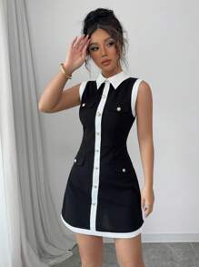 Elenzga Nuevo vestido mini elegante y ajustado con decoración de botones en el cuello para mujeres, apto para primavera/verano