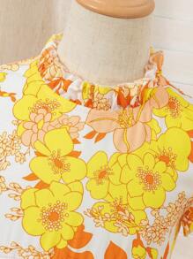 Vestido de niña con cuello de gota con volantes elegantes, sin mangas, de patchwork con lunares y estampado floral pequeño, adecuado para uso al aire en el campo - Amarillo - Ver 5
