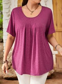 EMERY ROSE 大码女式圆领短袖休闲上衣，日常穿着，女士夏季服装 - 中紫紅色 - 查看 5