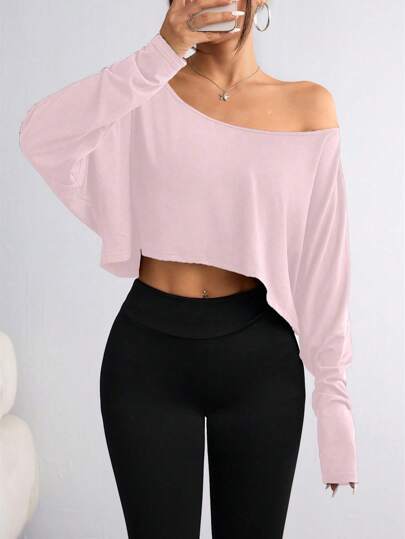 Flirla Women Casual Minimalist Solid Color Batwing Sleeve T-Shirt For Autumn Fall Cloth For Women