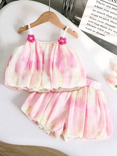 Genkimix Kids 2pcs/Set Girls Cute Gradient Camisole And Shorts Set, Suitable For Summer Casual And Vacation Young Girl Summer Sets Summer Holiday