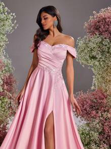 Glamrae Váy xòe xếp nếp bằng vải satin hở vai sang trọng, sang trọng, phù hợp cho đám cưới, tiệc tùng, cocktail, sự kiện trang trọng, váy dự tiệc, váy dự tiệc cưới, váy dạ hội - Bụi hồng - Xem 6