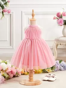 SHEIN Babygirl Elegant And Cute Pink Mesh Sleeveless Dress, Summer Dress - Pink - View 1