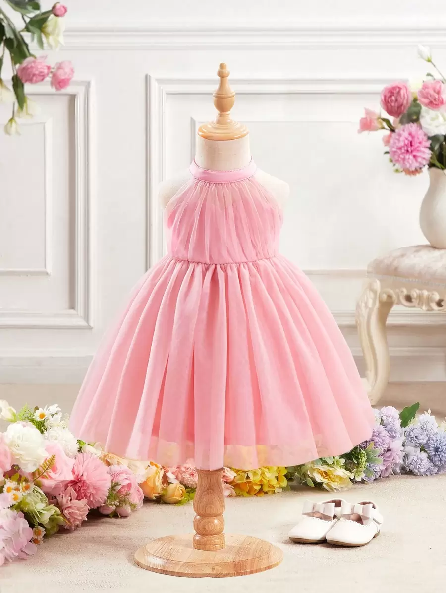 SHEIN Babygirl Elegant And Cute Pink Mesh Sleeveless Dress, Summer Dress - Pink - View 1