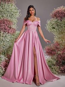 Glamrae Elegant Luxurious Off Shoulder Ruffle-Bust Boned A-Line High Slit Dress Wedding Guest Dress, Suitable For Weddings, Parties, Vacations, Balls, Formal Events, Party Dress, Evening Dress, Gown - Pink - View 2
