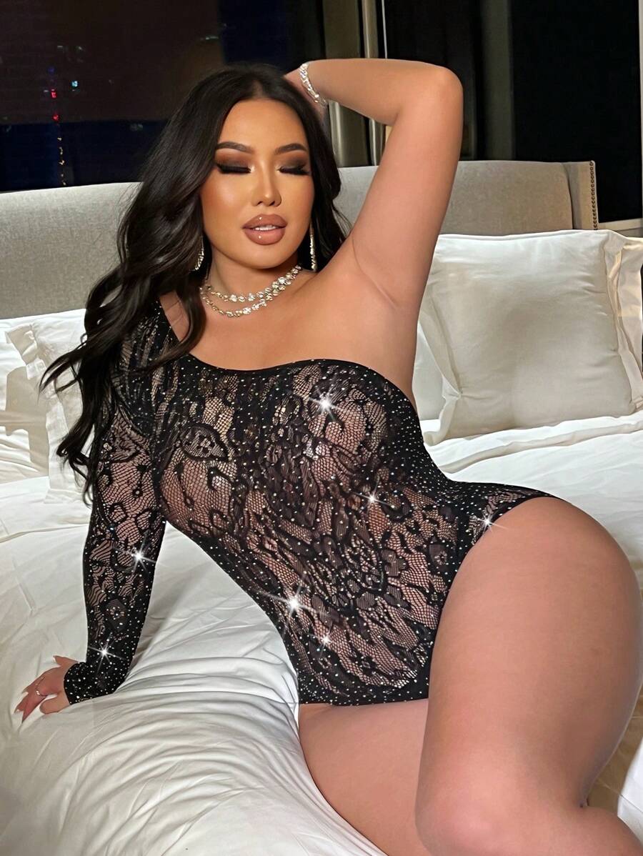 Flirla Body sexy con agujeros y diamantes de imitación para mujer de talla grande - Negro - Ver 1