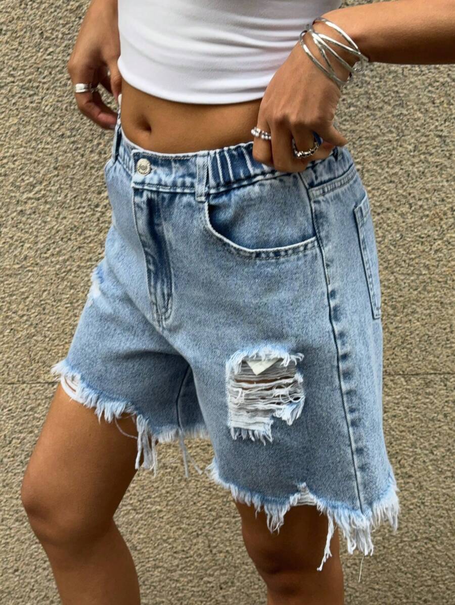 Denimly 少女休闲日常都市街头牛仔短裤，破洞下摆，松紧腰带，拉链开合 - 淺色水洗藍 - 查看 1