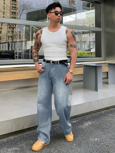 DAZY 男式宽松口袋直筒休闲宽松牛仔裤