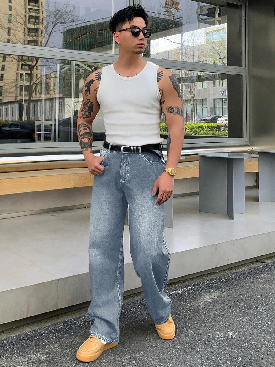 DAZY 男式宽松口袋直筒休闲宽松牛仔裤 - 淺藍色 - 查看 1