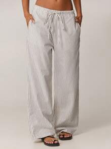 Forever 21 夏季新款松紧腰抽绳海滩度假条纹休闲女式编织长裤 - 彩色 - 查看 1