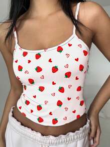 Muchica Women's Casual Sexy Figure-Hugging Racerback Tank Top With Allover Strawberry Heart Design - White - View 3