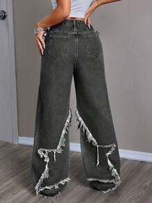 SHEIN EZwear Pantalones vaqueros de pierna ancha y holgados para mujer con flecos y remiendos