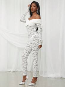 NYA SZN Mono entallado de manga larga con hombros al aire y encaje, perfecto para primavera, fiestas de verano, bodas, graduaciones, cenas, bailes de graduación