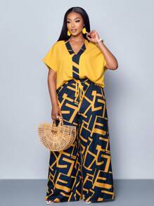 Maweii 2025 大码女装几何图案印花拼布衬衫和印花阔腿裤套装两件套新款几何图案度假海滩度假休闲野餐音乐会音乐节返校季 - 黃色 - 查看 3