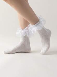 ROMWE Kawaii Women Solid Color Lace Trim Cute Mid-Calf Socks - White - View 2
